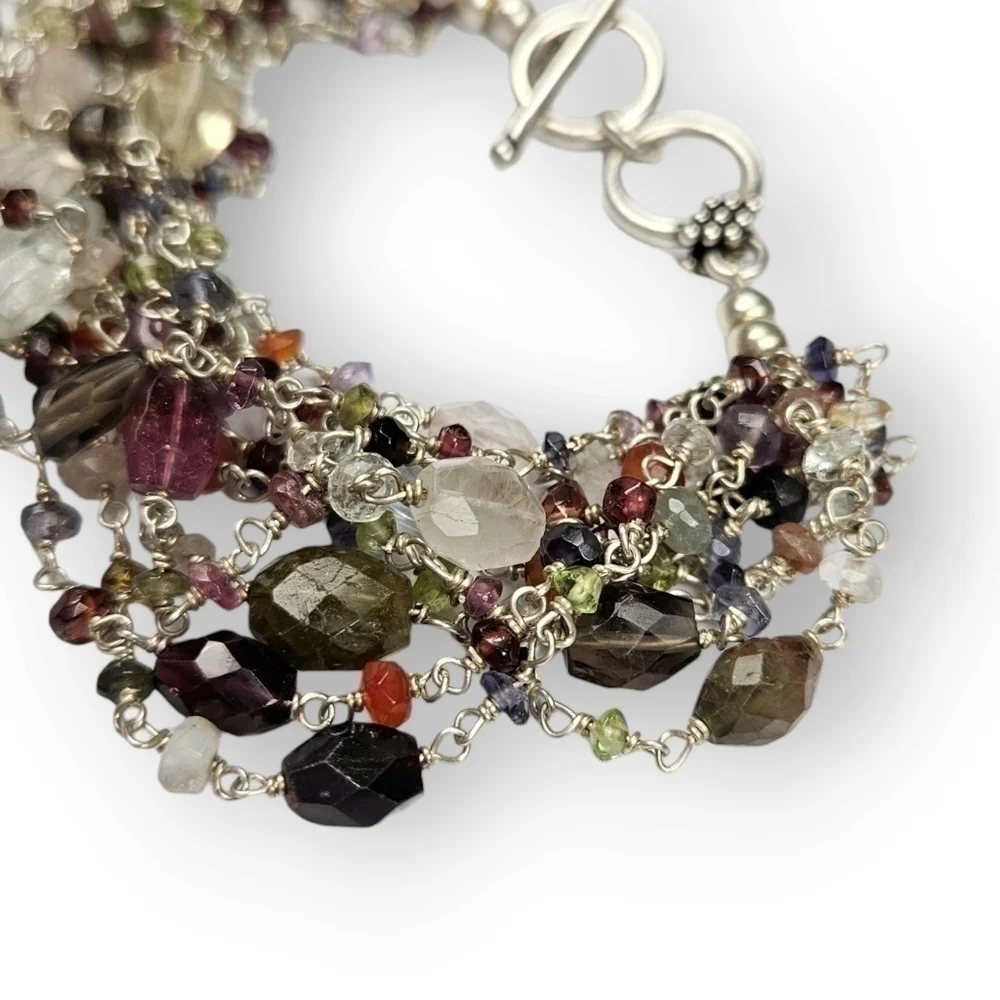 Assorted Gemstone Multi Chain Bracelet Colorful Bead Silver Plated 7.5
